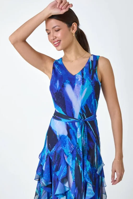 Roman Blue Abstract Print Frill Detail Dress