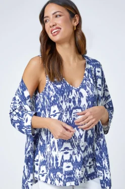 Roman Blue Abstract Print V-Neck Stretch Jersey Cami Top