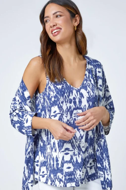 Roman Blue Abstract Print V-Neck Stretch Jersey Cami Top