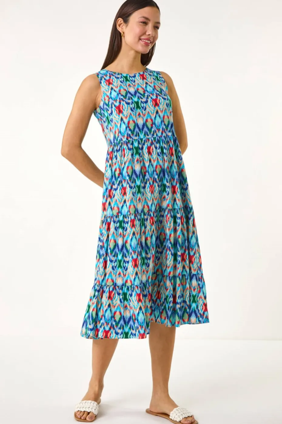 Roman Blue Abstract Print Smock Midi Dress