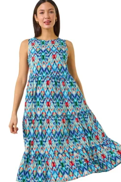 Roman Blue Abstract Print Smock Midi Dress
