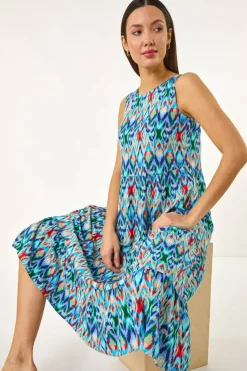 Roman Blue Abstract Print Smock Midi Dress