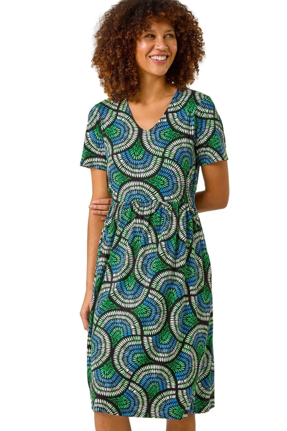 Roman Blue Abstract Print Stretch Midi Dress