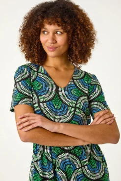 Roman Blue Abstract Print Stretch Midi Dress