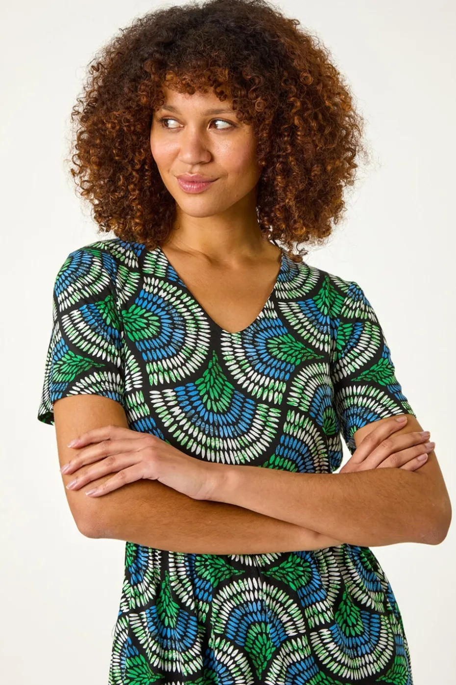 Roman Blue Abstract Print Stretch Midi Dress