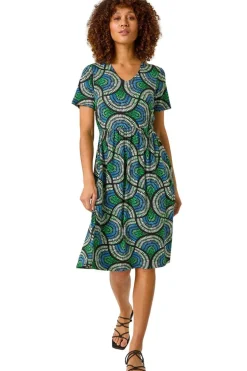 Roman Blue Abstract Print Stretch Midi Dress