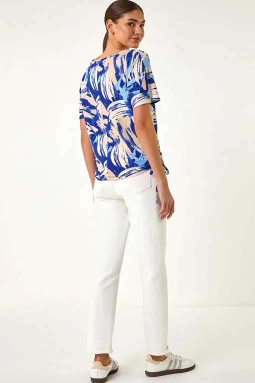 Roman Blue Abstract Print Side Tie Detail Top