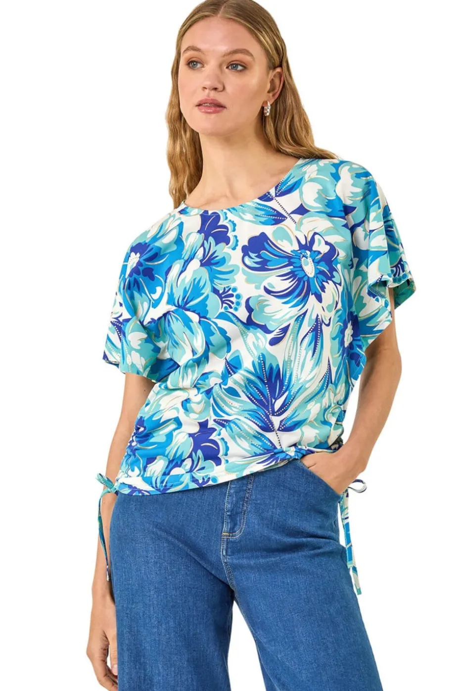 Roman Blue Abstract Ruched Side Stretch Top