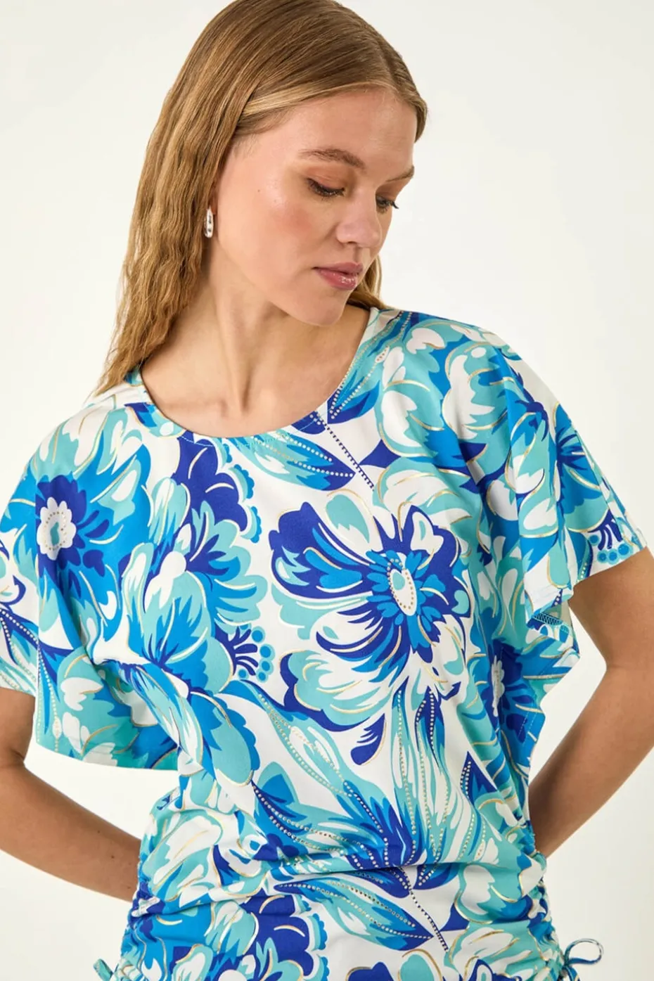 Roman Blue Abstract Ruched Side Stretch Top