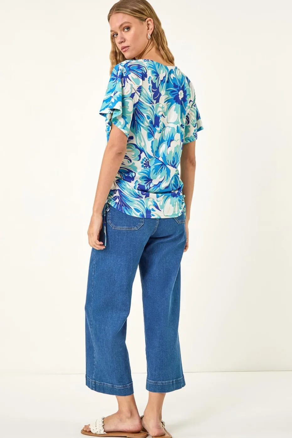 Roman Blue Abstract Ruched Side Stretch Top