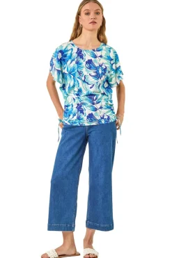 Roman Blue Abstract Ruched Side Stretch Top