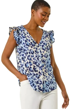 Roman Blue Animal Print Frill Sleeve Blouse