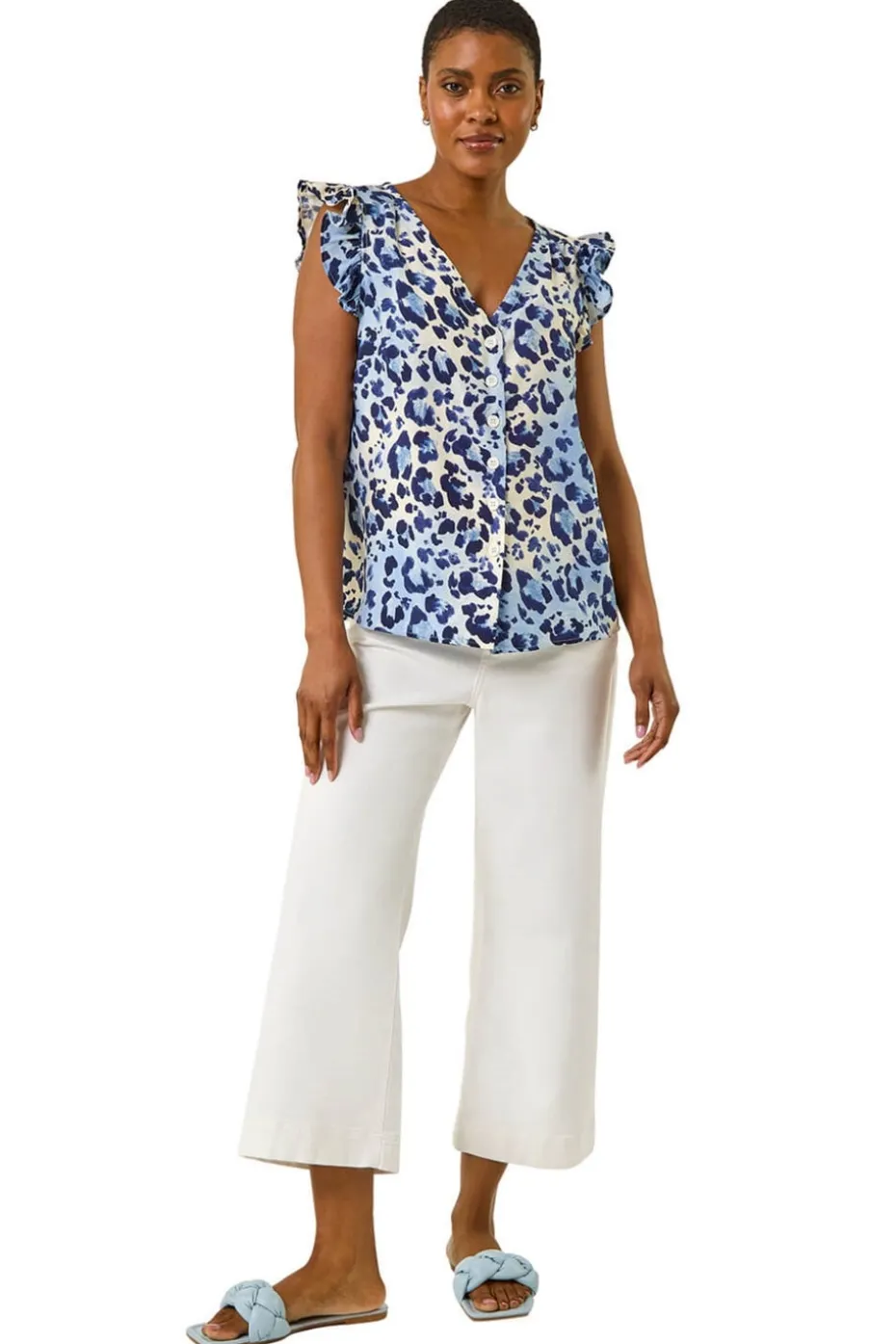 Roman Blue Animal Print Frill Sleeve Blouse