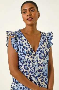 Roman Blue Animal Print Frill Sleeve Blouse