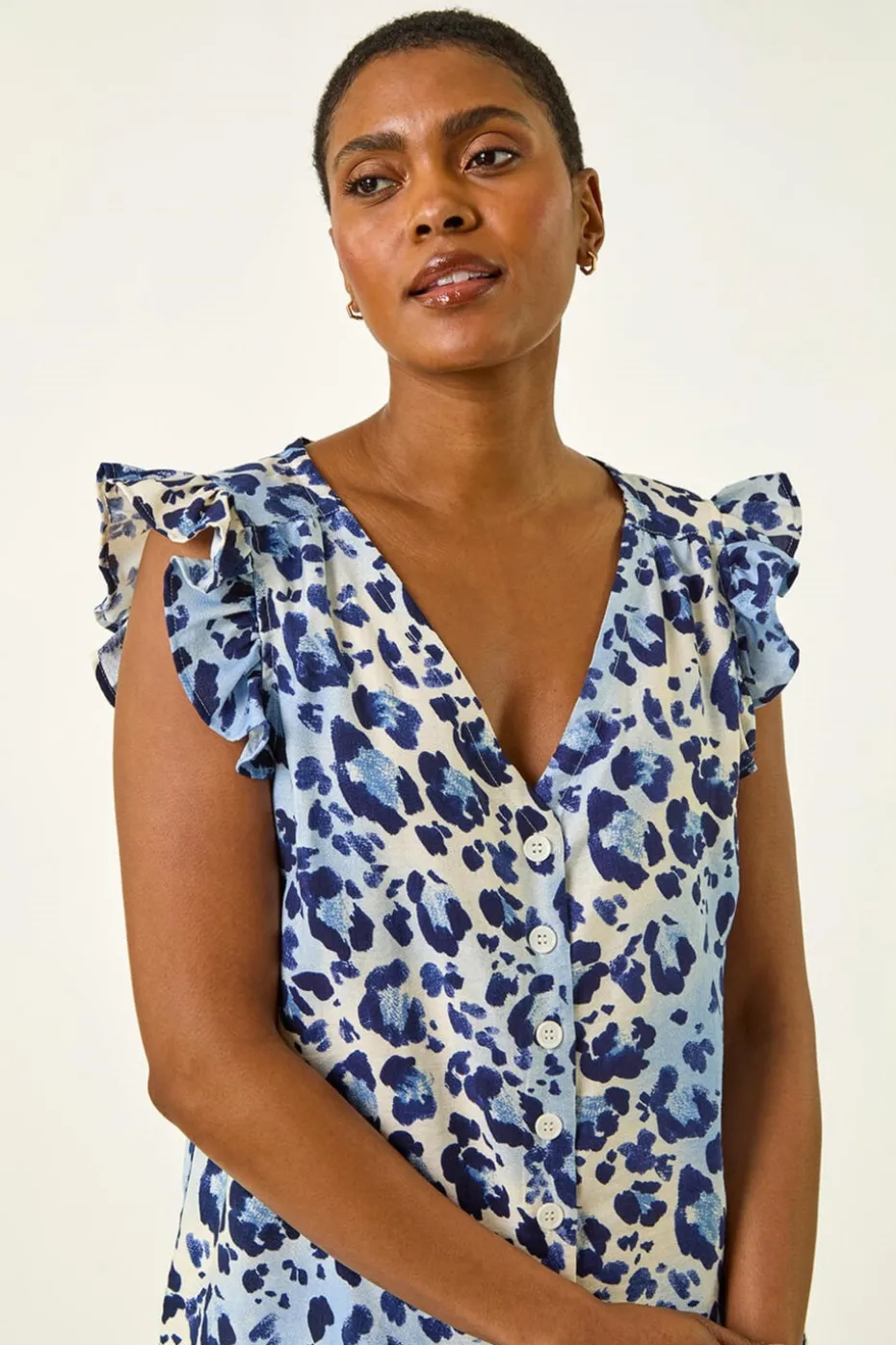 Roman Blue Animal Print Frill Sleeve Blouse