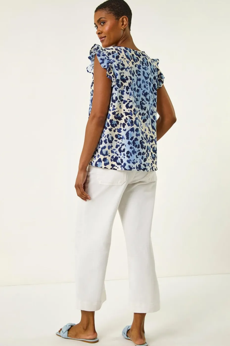Roman Blue Animal Print Frill Sleeve Blouse