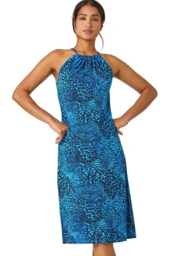 Roman Blue Animal Print Halter Neck Stretch Dress