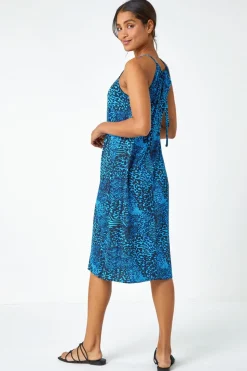 Roman Blue Animal Print Halter Neck Stretch Dress
