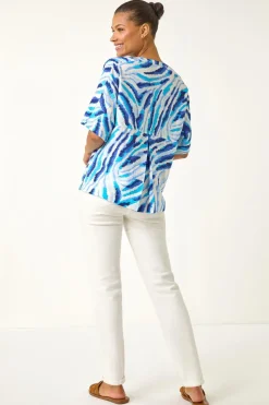 Roman Blue Animal Print Pleated Tunic Top