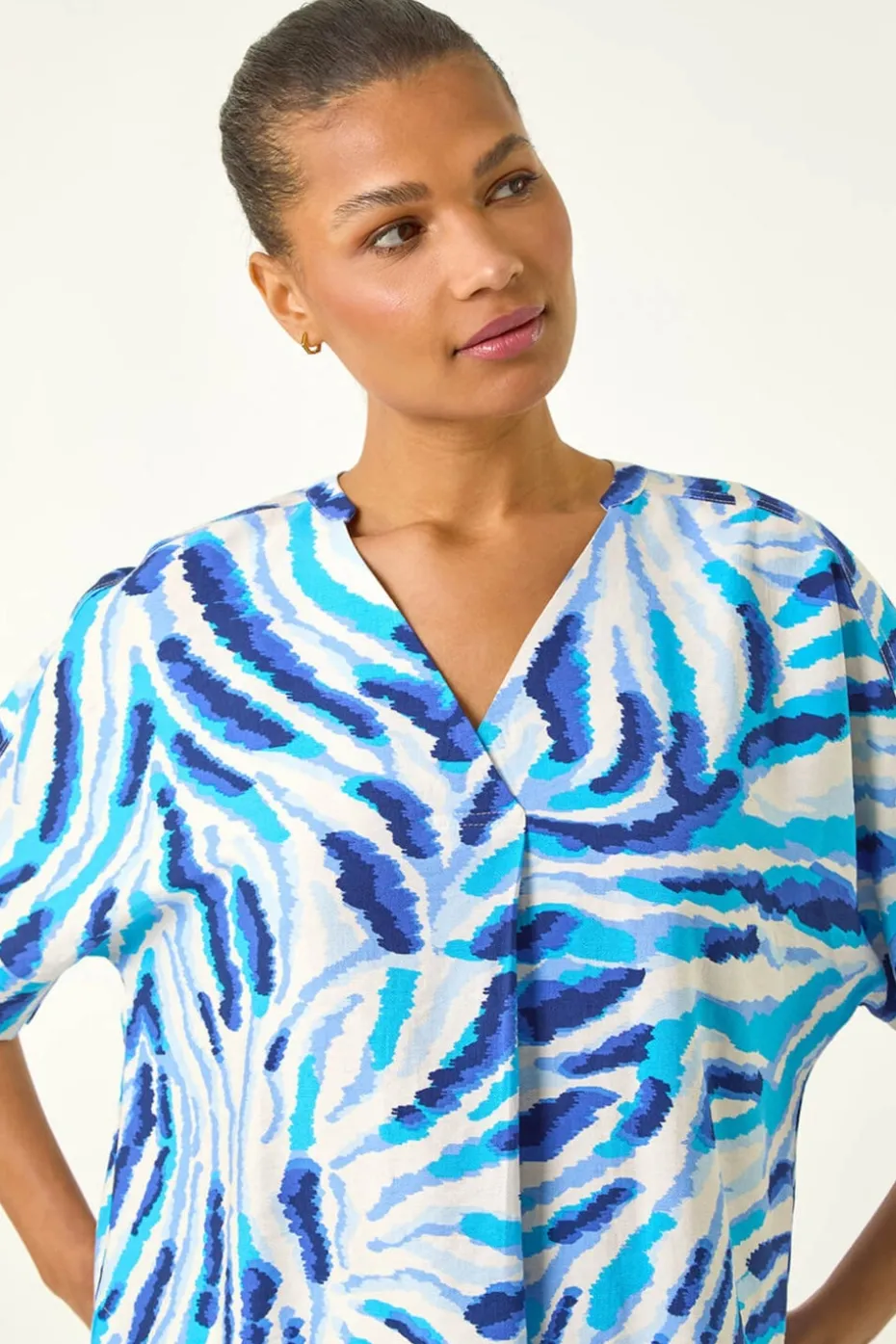 Roman Blue Animal Print Pleated Tunic Top
