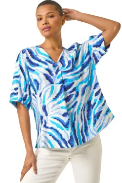 Roman Blue Animal Print Pleated Tunic Top