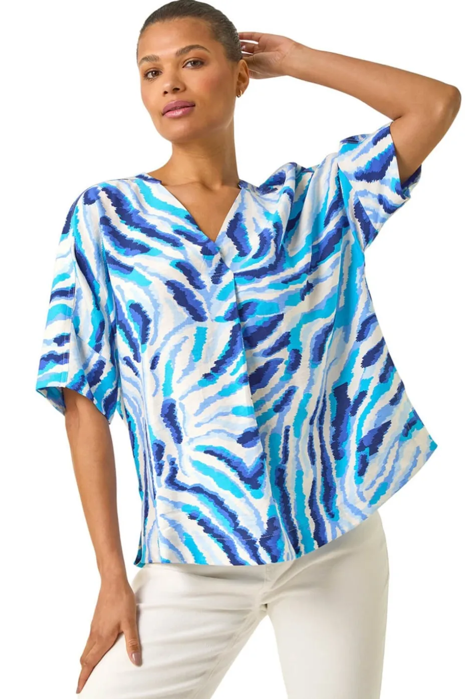 Roman Blue Animal Print Pleated Tunic Top