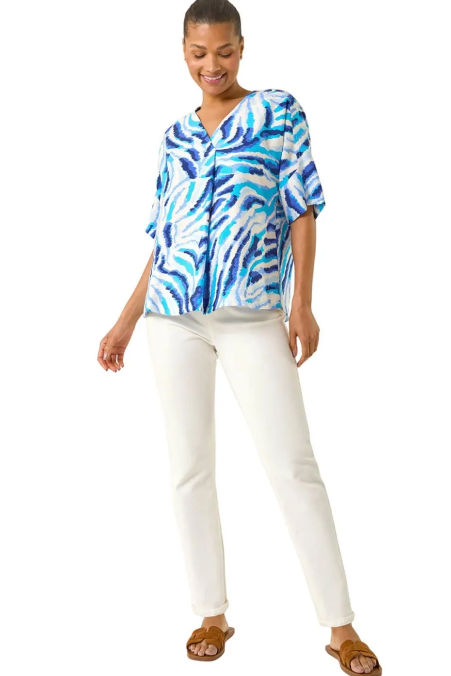 Roman Blue Animal Print Pleated Tunic Top