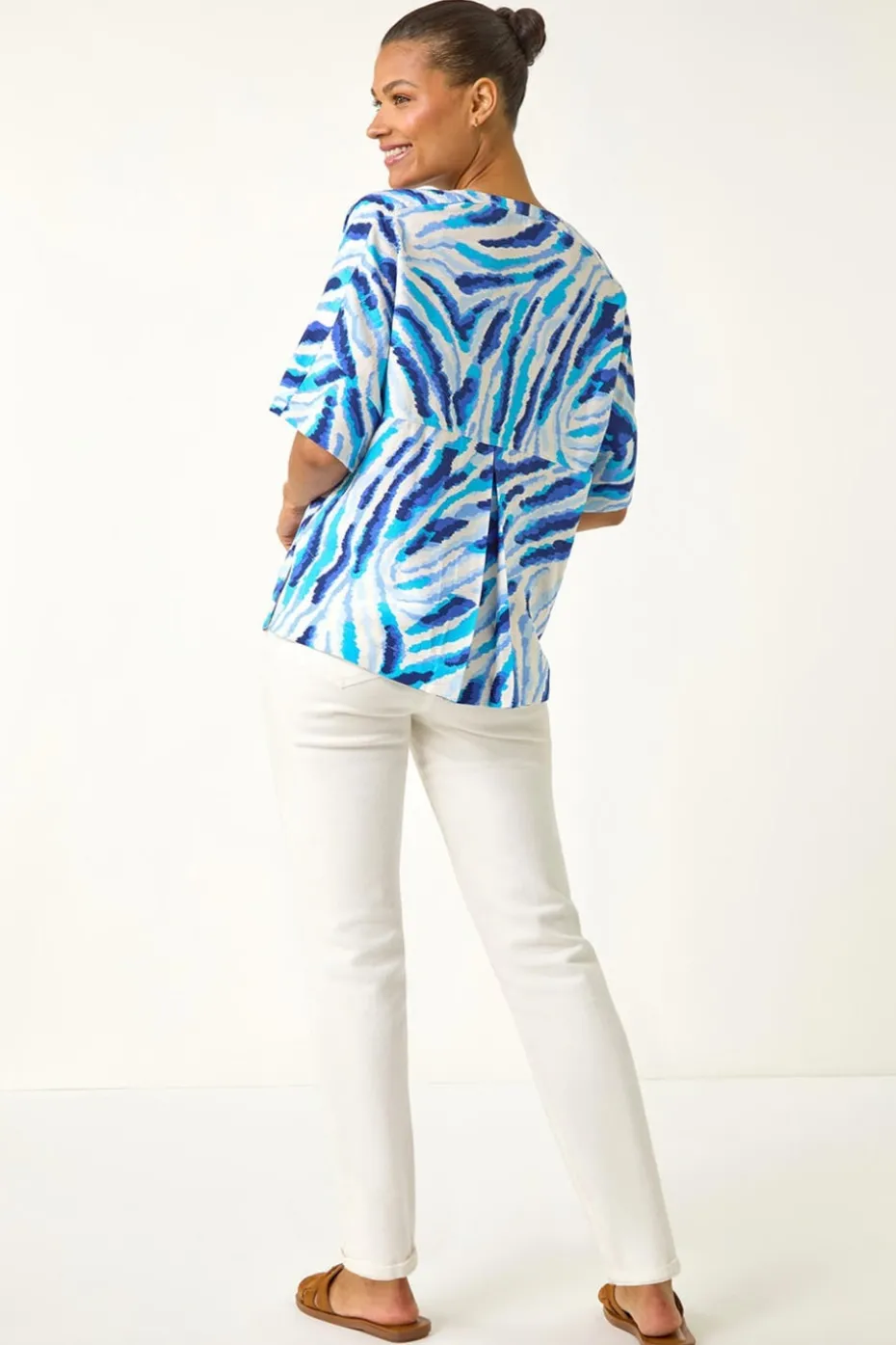 Roman Blue Animal Print Pleated Tunic Top