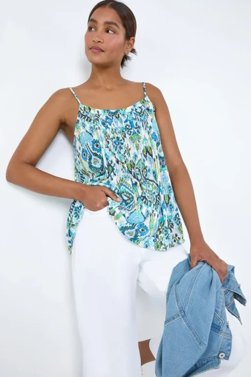 Roman Blue Aztec Print Pleat Front Cami Top