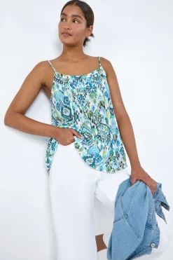 Roman Blue Aztec Print Pleat Front Cami Top