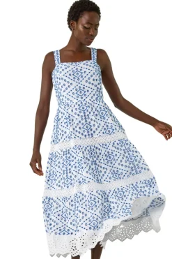 Roman Blue Broderie Strap Detail Midi Dress