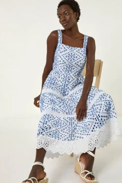 Roman Blue Broderie Strap Detail Midi Dress