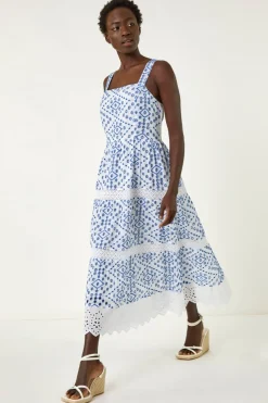 Roman Blue Broderie Strap Detail Midi Dress