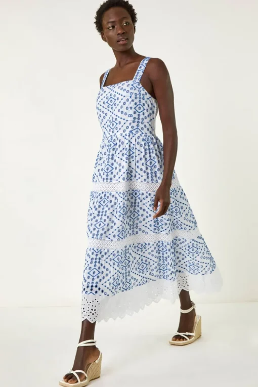 Roman Blue Broderie Strap Detail Midi Dress