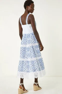 Roman Blue Broderie Strap Detail Midi Dress