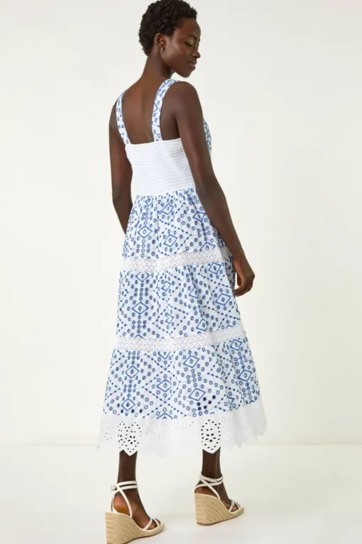 Roman Blue Broderie Strap Detail Midi Dress