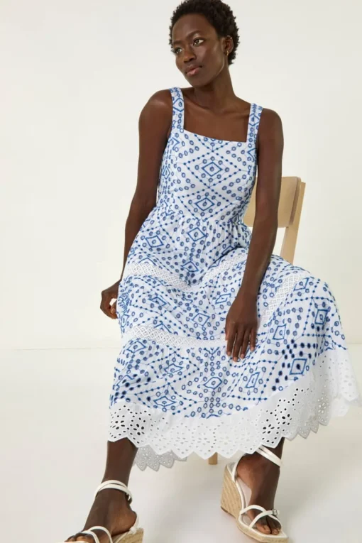 Roman Blue Broderie Strap Detail Midi Dress