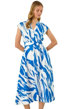 Roman Blue Brushstroke Linen Mix Midi Dress