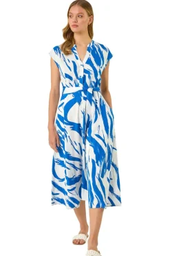 Roman Blue Brushstroke Linen Mix Midi Dress