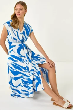Roman Blue Brushstroke Linen Mix Midi Dress