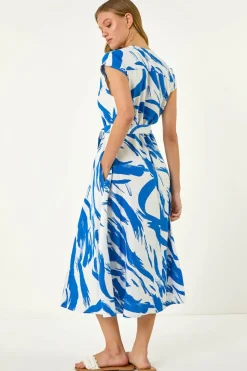 Roman Blue Brushstroke Linen Mix Midi Dress