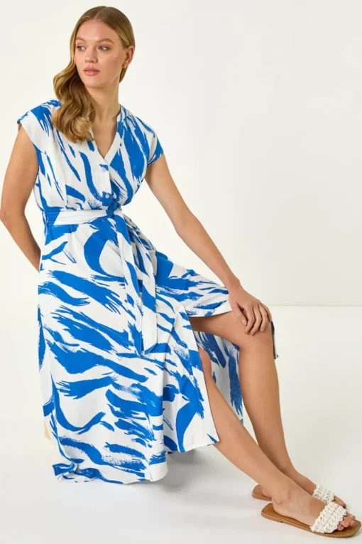 Roman Blue Brushstroke Linen Mix Midi Dress