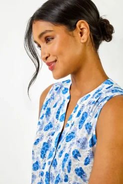 Roman Blue Burnout Animal Spot Print V-Neck Top