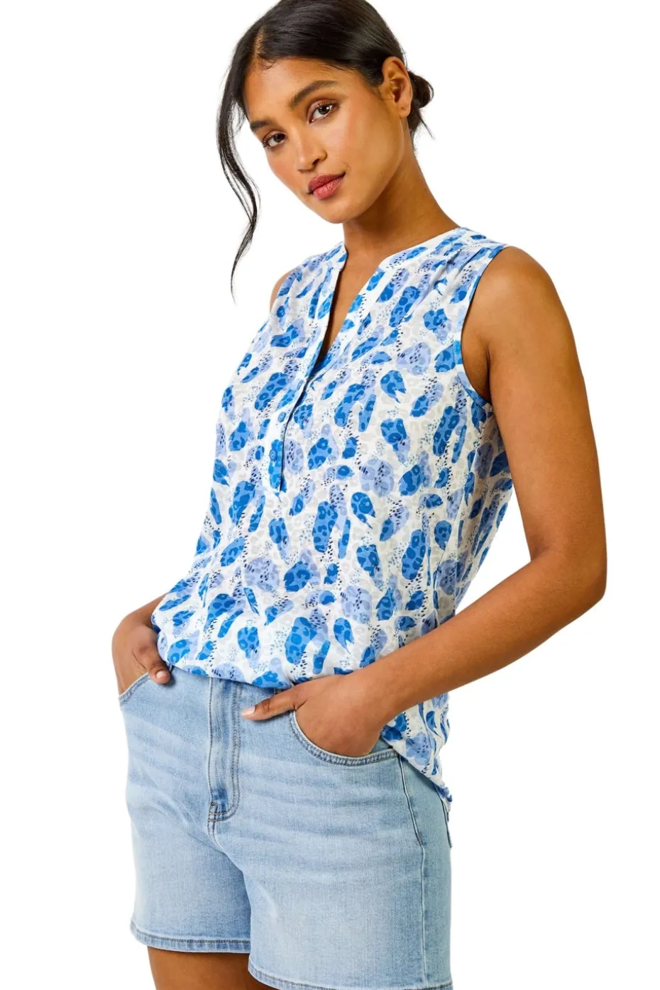 Roman Blue Burnout Animal Spot Print V-Neck Top