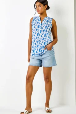 Roman Blue Burnout Animal Spot Print V-Neck Top