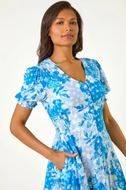 Roman Blue Button Through Floral Shirred Midi Dress