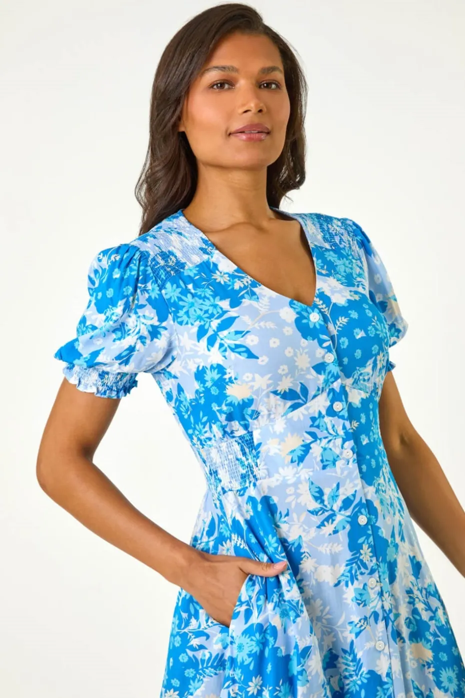 Roman Blue Button Through Floral Shirred Midi Dress