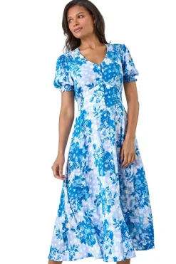 Roman Blue Button Through Floral Shirred Midi Dress