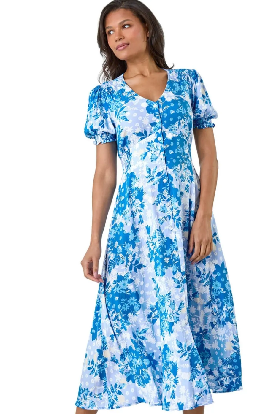 Roman Blue Button Through Floral Shirred Midi Dress