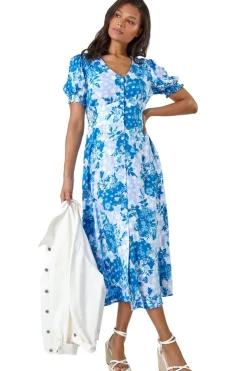 Roman Blue Button Through Floral Shirred Midi Dress